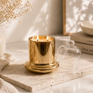 Gold Mercury Jar Soy Candle with Glass Cloche Lid (Sabaya Fragrance)
