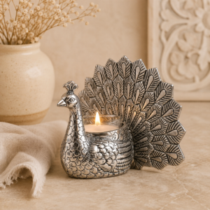 Set of 2 Silver Aluminium Peacock Candle Holders – Dancing Peacock Decor