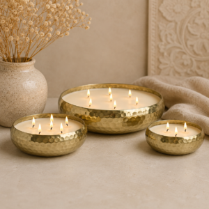 Large Hammered Gold Metal Multi Wick Metal Candle Bowl – Decorative Centerpiece Home Decor