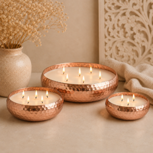 Large Hammered Rose Gold Metal Multi Wick Metal Candle Bowl – Decorative Centerpiece Home Decor