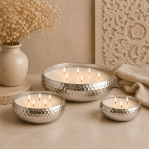 Large Hammered Silver Metal Multi Wick Metal Candle Bowl – Decorative Centerpiece Home Decor