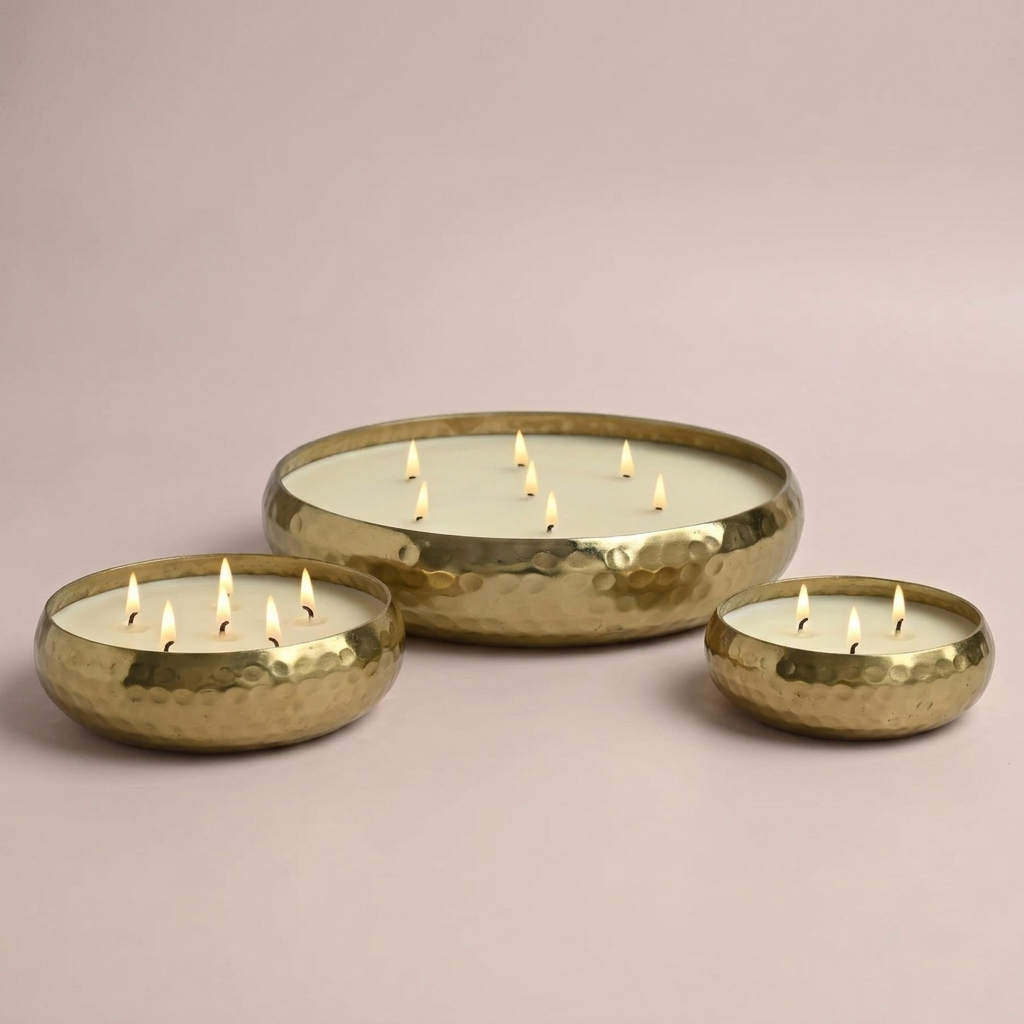 Large Hammered Gold Metal Multi Wick Metal Candle Bowl – Decorative Centerpiece Home Decor - Image 3
