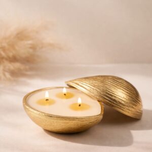 Almond Shape Soy Wax Candle | Gold Metal Jar, 3 Wick Luxury Home Decor Gift