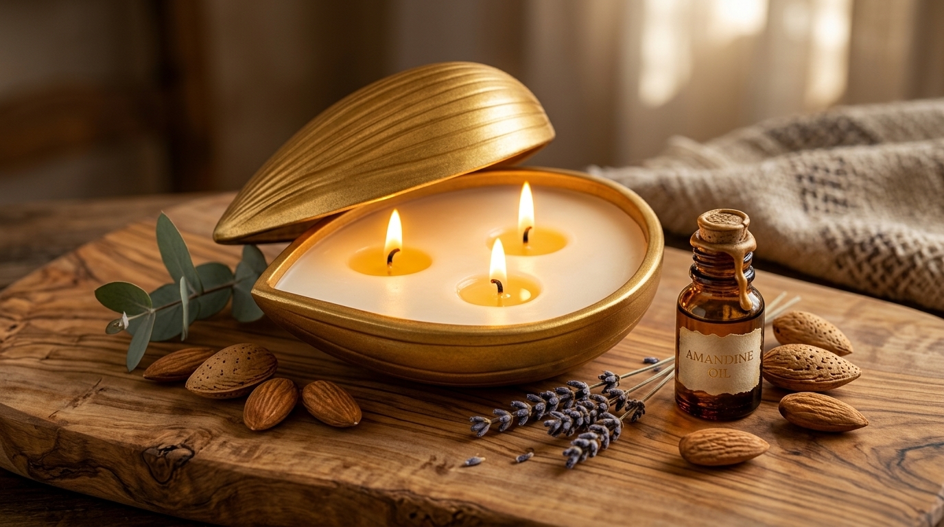 Almond Shape Soy Wax Candle | Gold Metal Jar, 3 Wick Luxury Home Decor Gift - Image 3