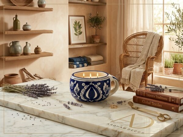 Blue and white ceramic 3-wick candle | Argham decor