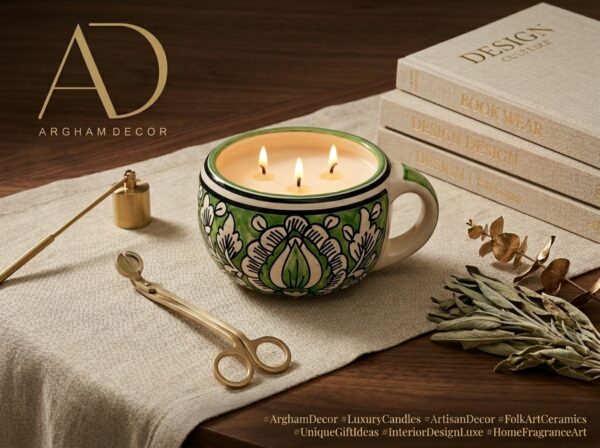 Green and white ceramic 3-wick candle | Argham decor