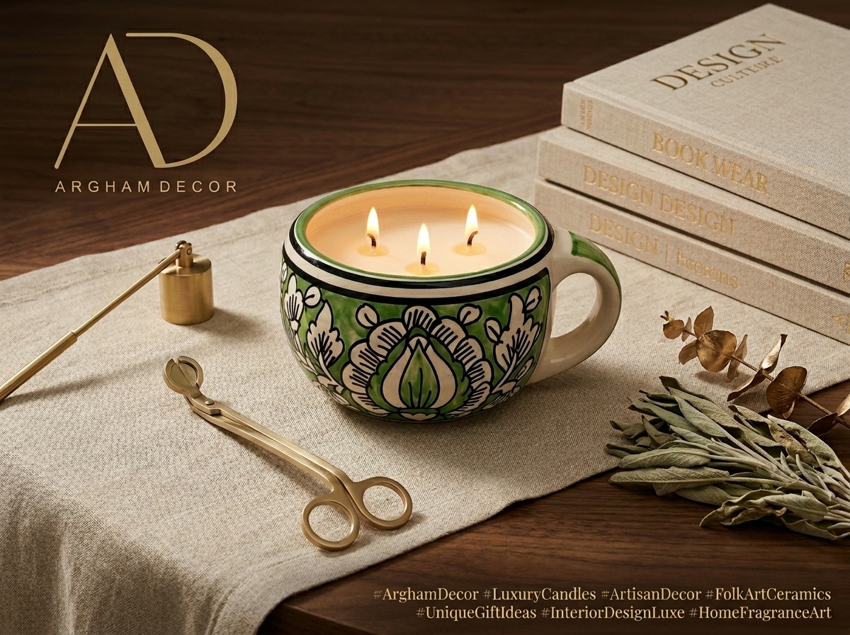 Green and white ceramic 3-wick candle | Argham decor
