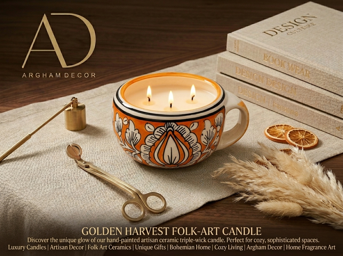 Yellow and white ceramic 3-wick candle: Luxury Home Decor Gift| Argham Decor