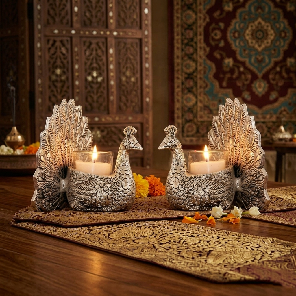 Silver Peacock Candle Holders – Stunning Lucky Decor Set