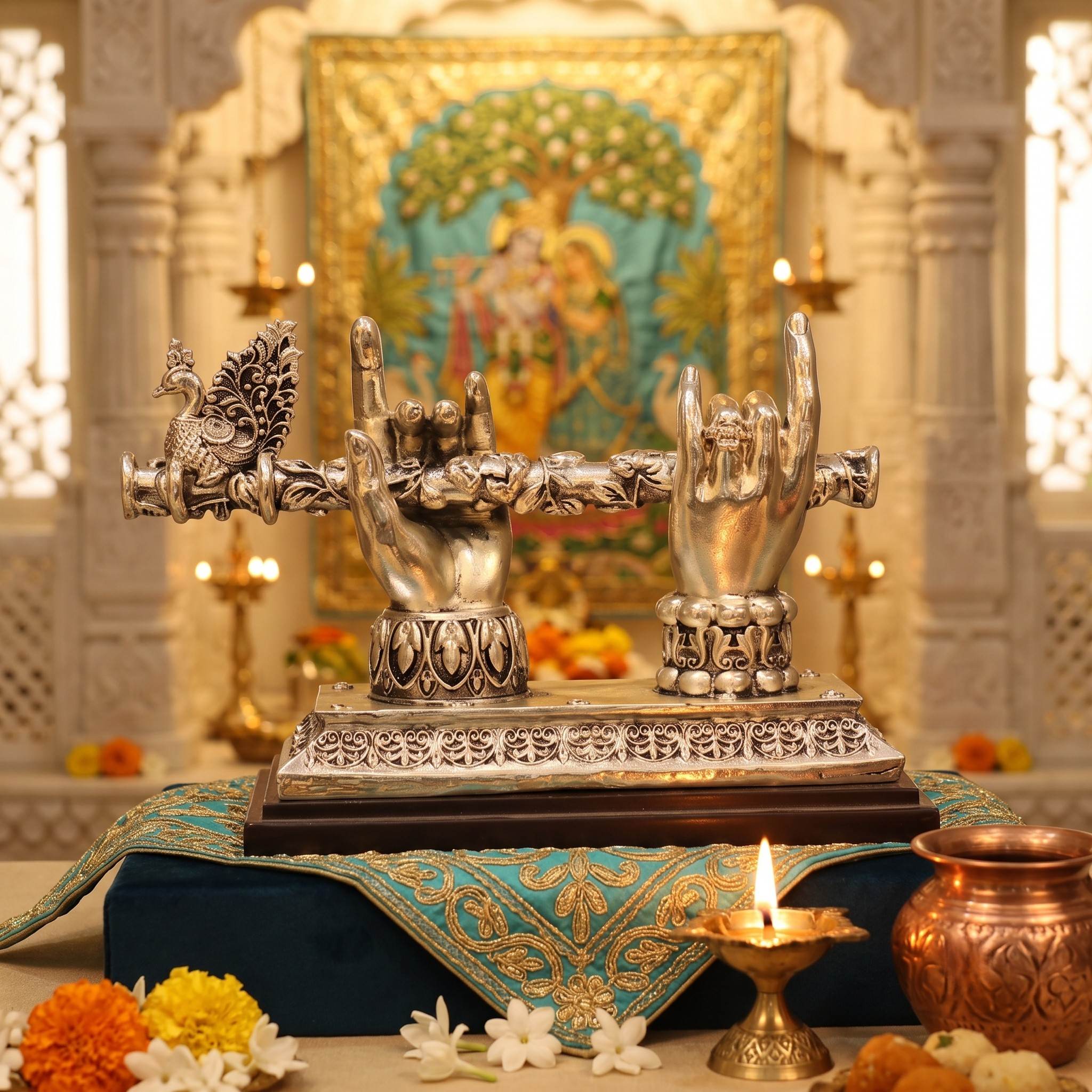 Silver Plated Lord Krishna Hands with Flute & Peacock Idol Silver Plated Lord Krishna Hands with Flute & Peacock Idol